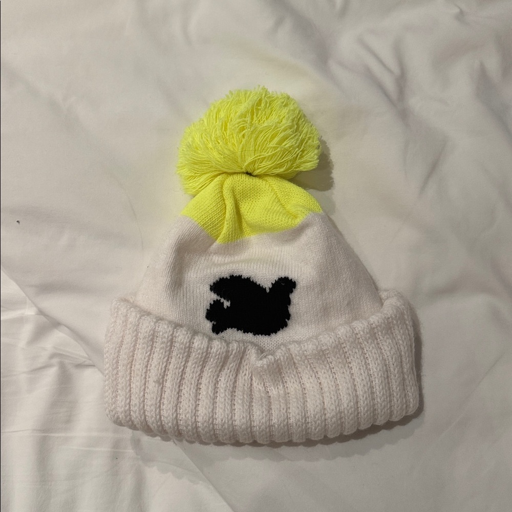 Freecity White and Neon Yellow Pom-Pom Hat